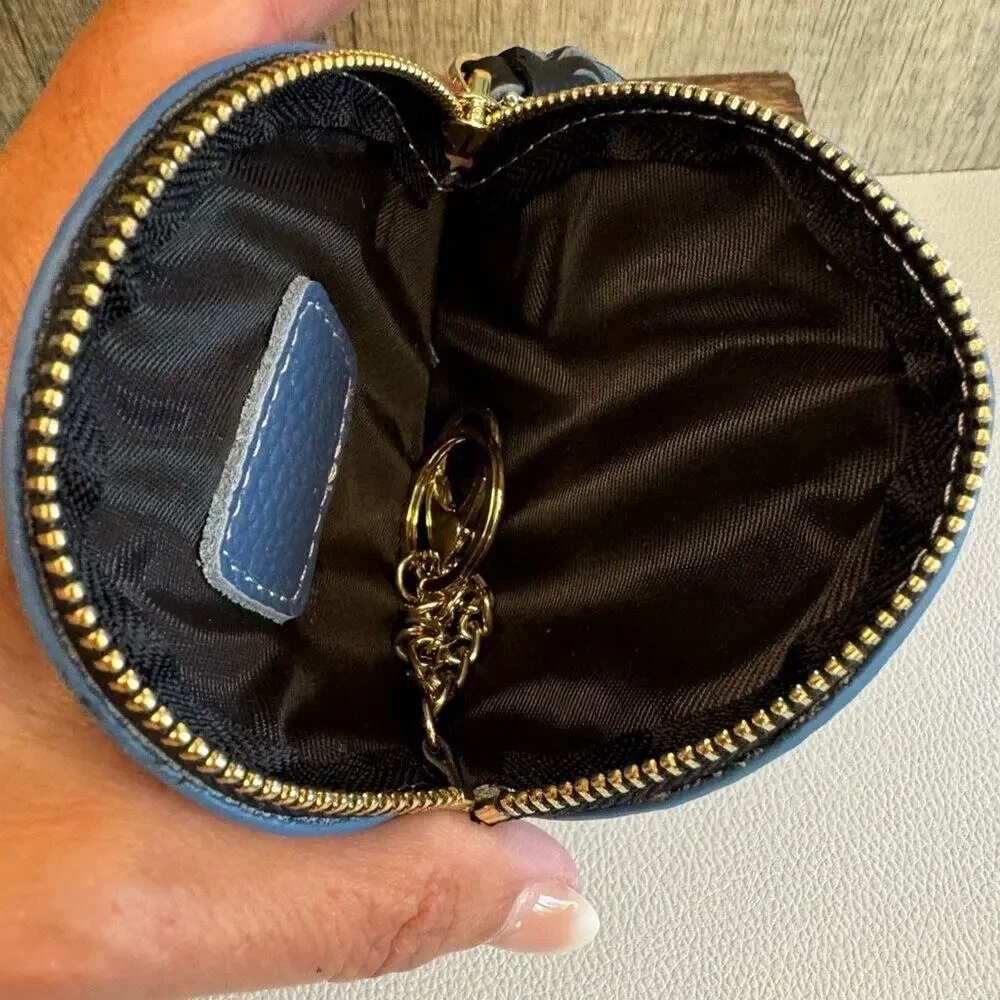 4 inch Round Blue Coin Purse Leather Wallet Key Holder Purse Charm New FAST SHIP